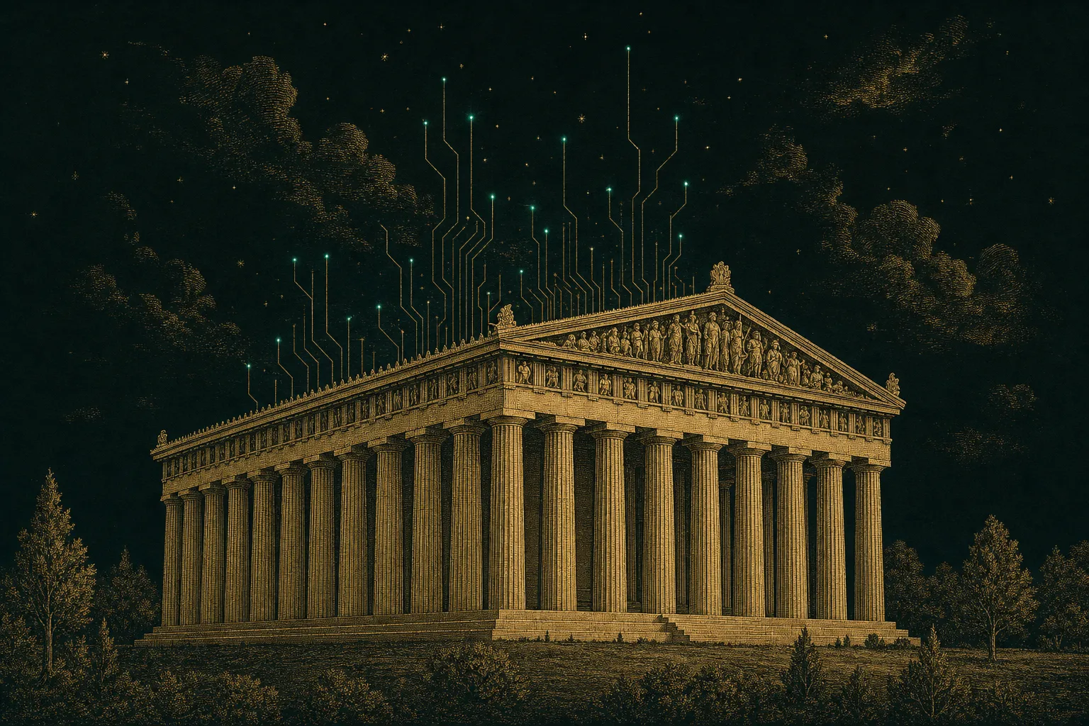 Engraved plate of Nashville's full-scale Parthenon replica at night, circuit traces rising from its roofline into a starfield